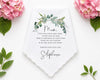 Personalized handkerchief with floral design and message for 'Mom' on a white background with pink flowers and green leaves.