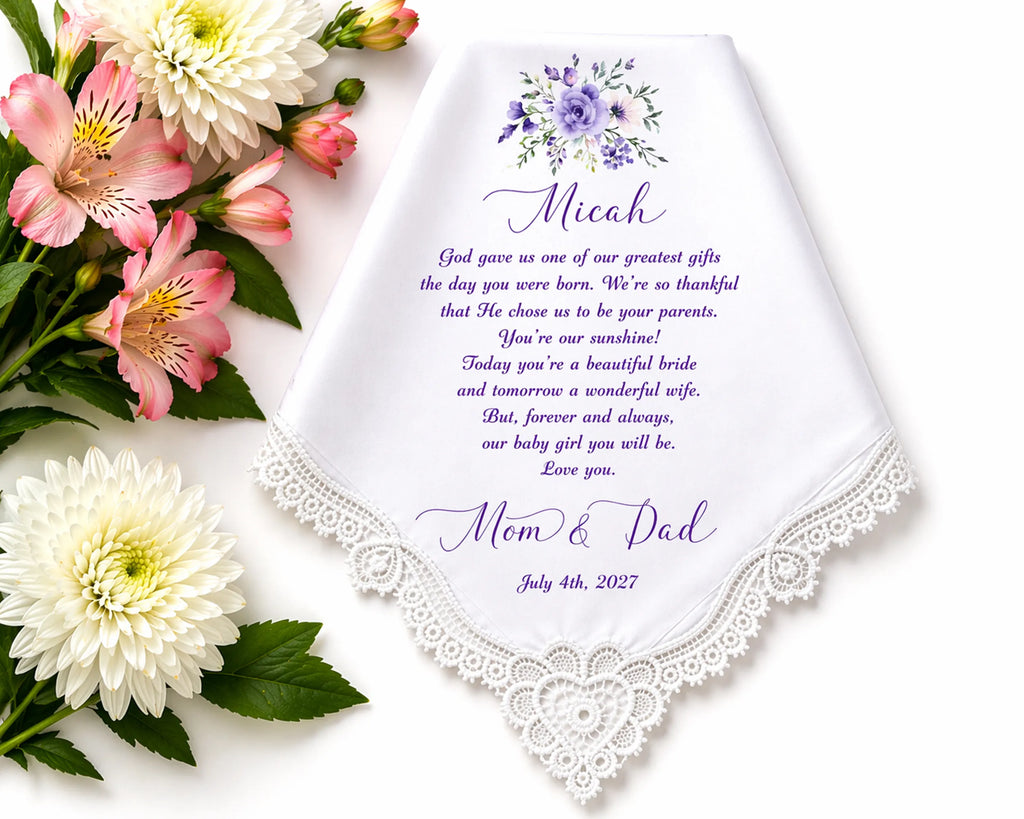 Personalized handkerchief with floral design and text on a white background with flowers.