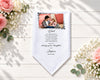 Personalized handkerchief with photo and text on a wooden surface with flowers