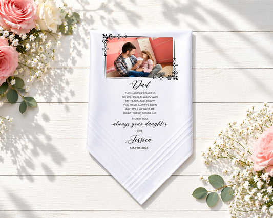 Personalized handkerchief with photo and text on a wooden surface with flowers