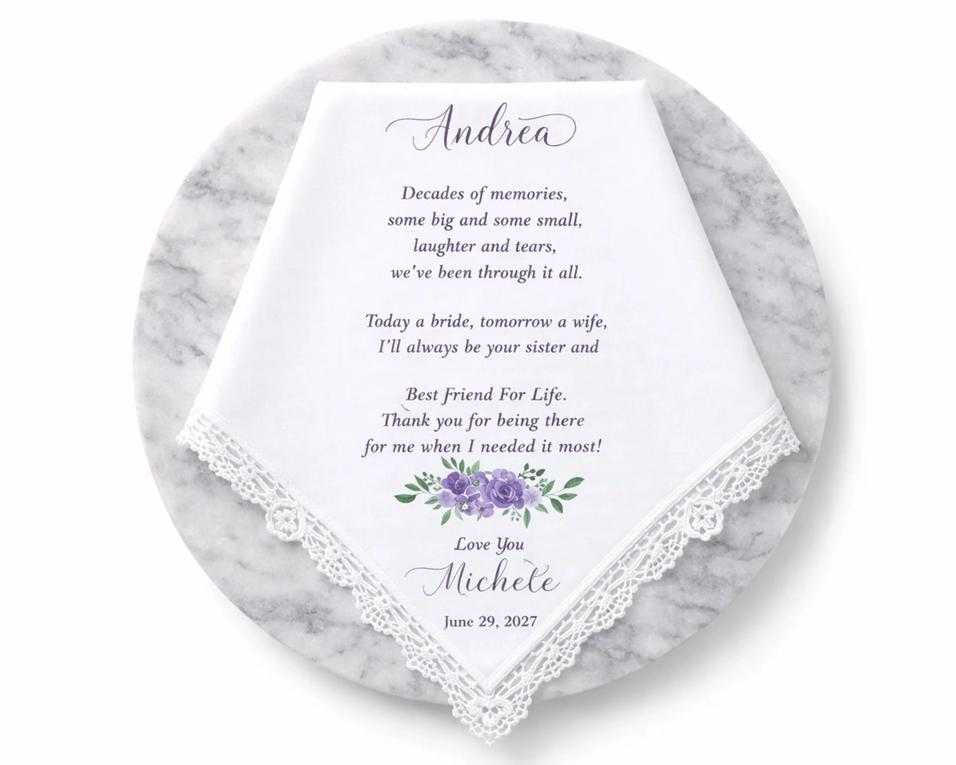 Personalized handkerchief with print message on a marble surface
