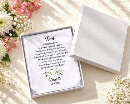 Personalized hanky for Dad with floral arrangement on a light surface