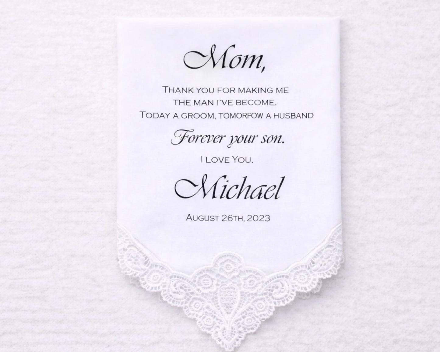Personalized handkerchief with a message to 'Mom' on a white background