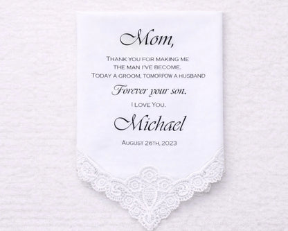 Personalized handkerchief with a message to 'Mom' on a white background