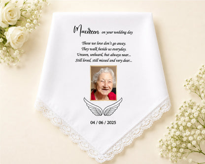 Personalized memorial handkerchief with a photo and text on a beige background