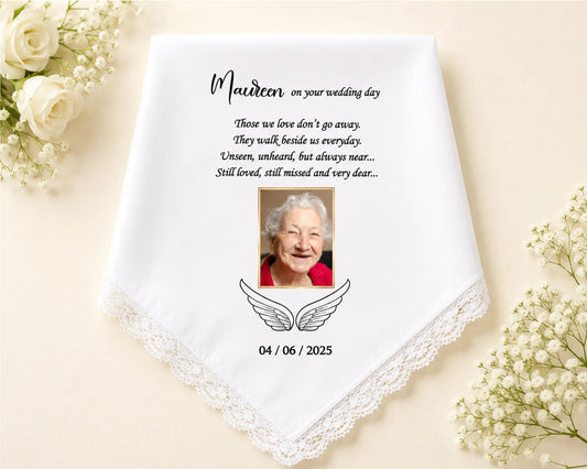 Personalized memorial handkerchief with a photo and text on a beige background