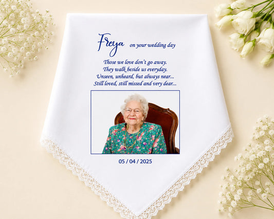 Personalized wedding handkerchief with a photo of an elderly woman and text on a beige background with flowers.