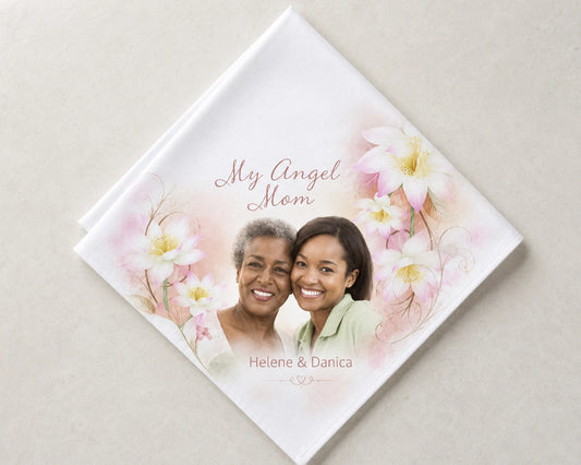 Personalized photo album with two women and floral design on a light background