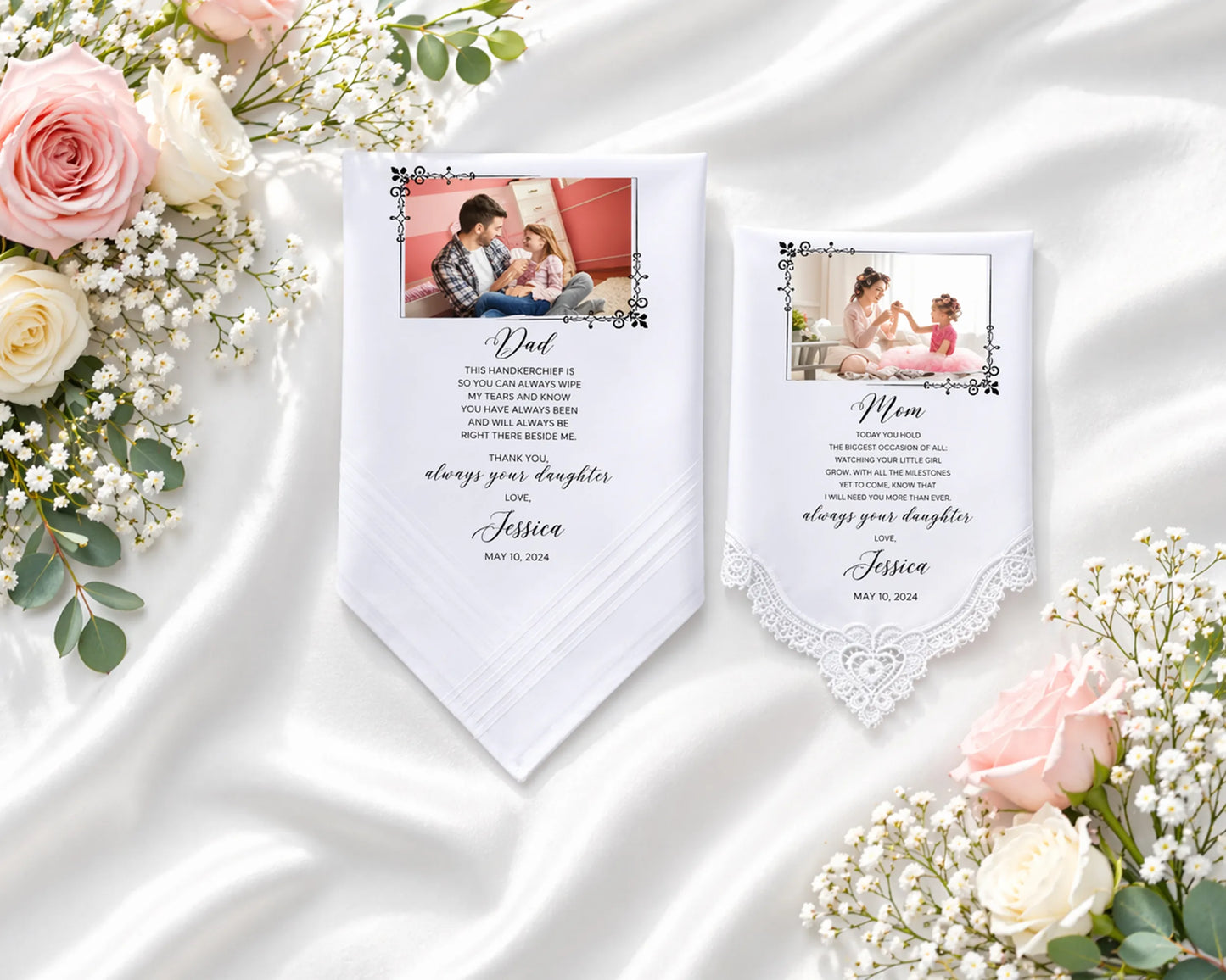 Personalized photo hanky with floral decorations on a satin surface