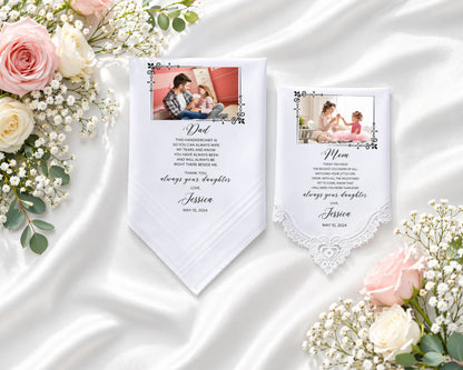 Personalized photo hanky with floral decorations on a satin surface