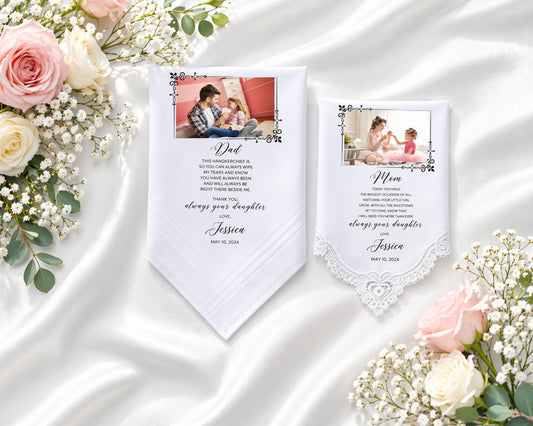 Personalized photo hanky with floral decorations on a satin surface