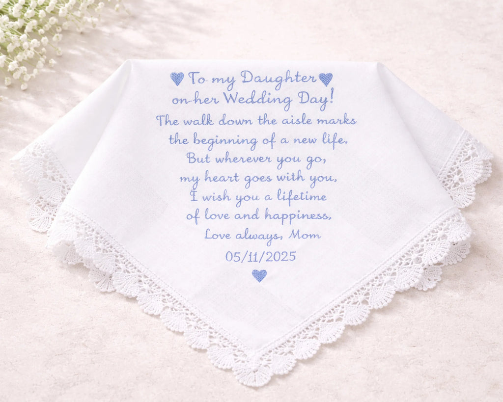 Personalized wedding handkerchief with a message to the daughter on a light background