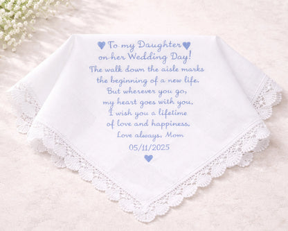 Personalized wedding handkerchief with a message to the daughter on a light background