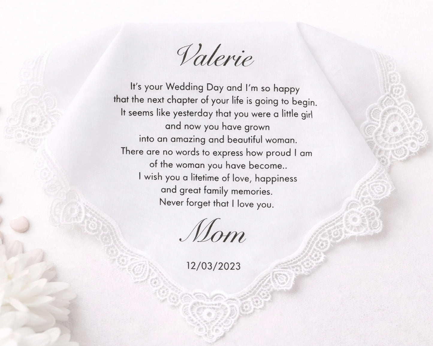 Personalized wedding handkerchief with a message from 'Mom' on a white background
