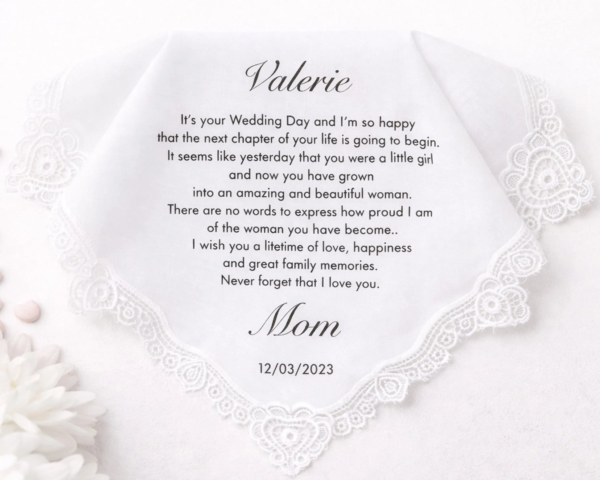 Personalized wedding handkerchief with a message from 'Mom' on a white background