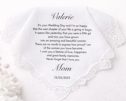 Personalized wedding handkerchief with a message from 'Mom' on a white background