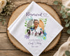 Personalized wedding hanky with photo and text on a wooden surface with flowers.