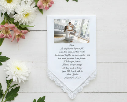 Pointed white handkerchief with a photo of a father giving his son a piggyback ride and a message from Jake