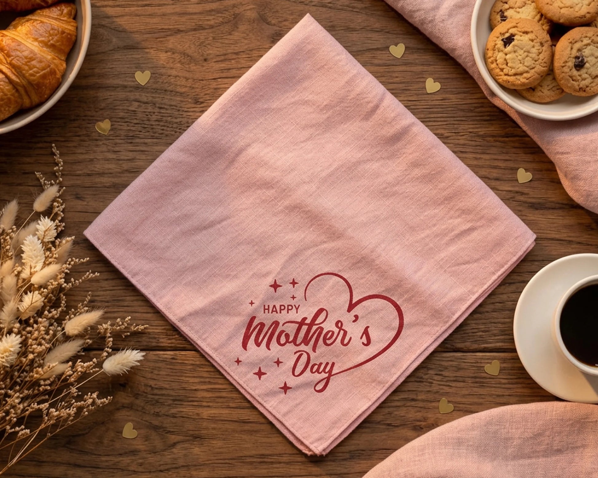 Pink hanky with 'Happy Mother's Day' text on a wooden table with coffee, cookies, and flowers.