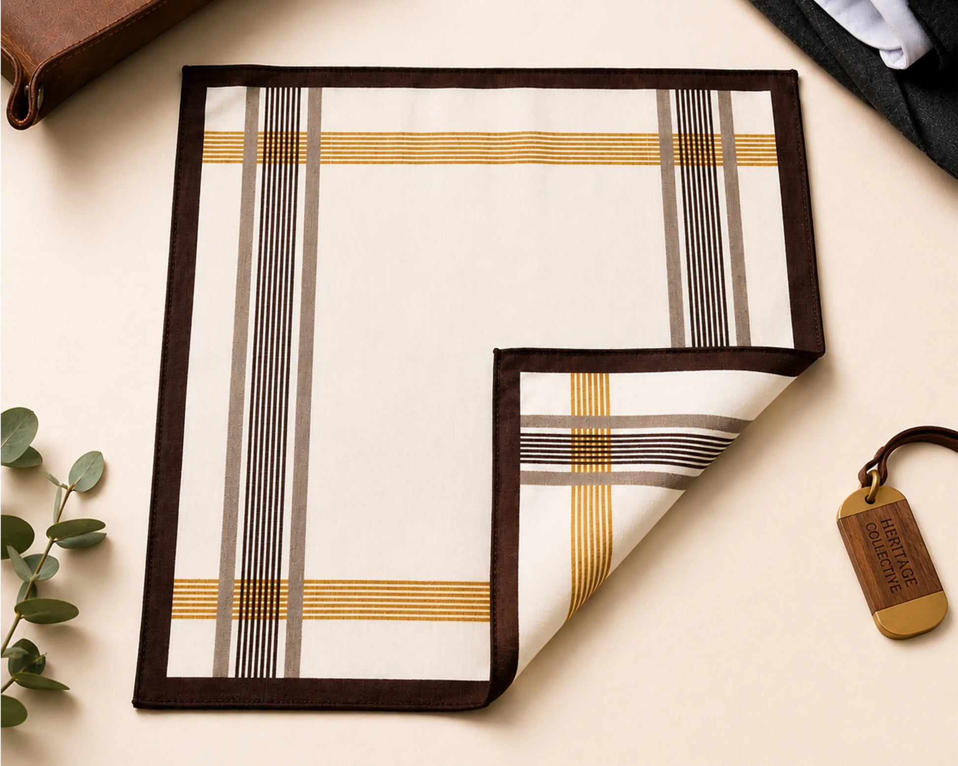 Plaid patterned product on a light surface with a plant and leather item in the background