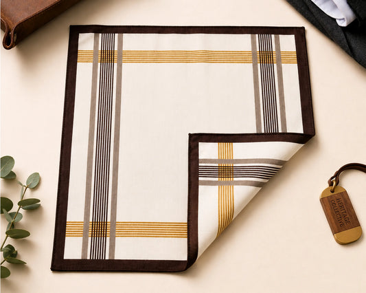 Plaid patterned product on a light surface with a plant and leather item in the background