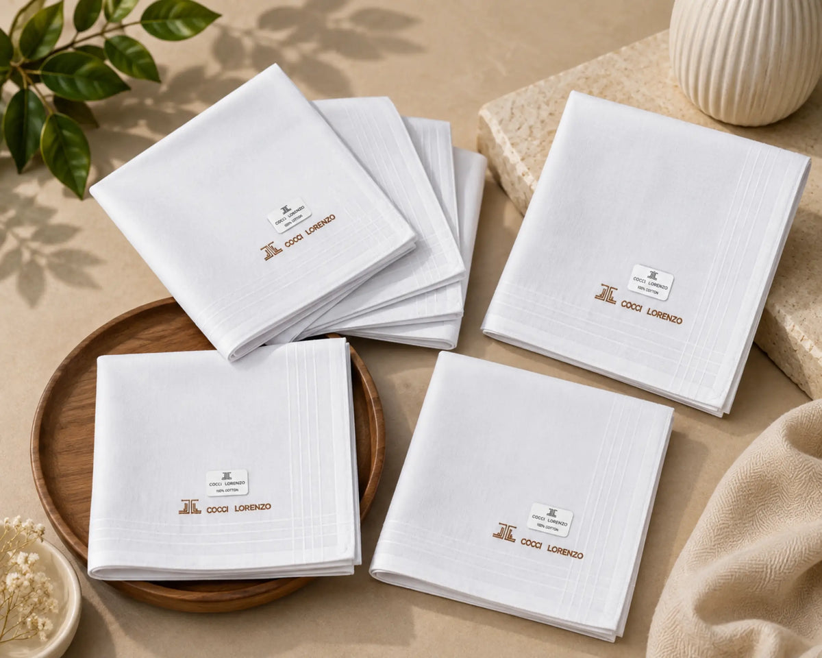 Five folded white linen napkins with gold embroidered logos and small white labels, arranged on a beige tabletop with a wooden tray, stone decor, and a leafy sprig.