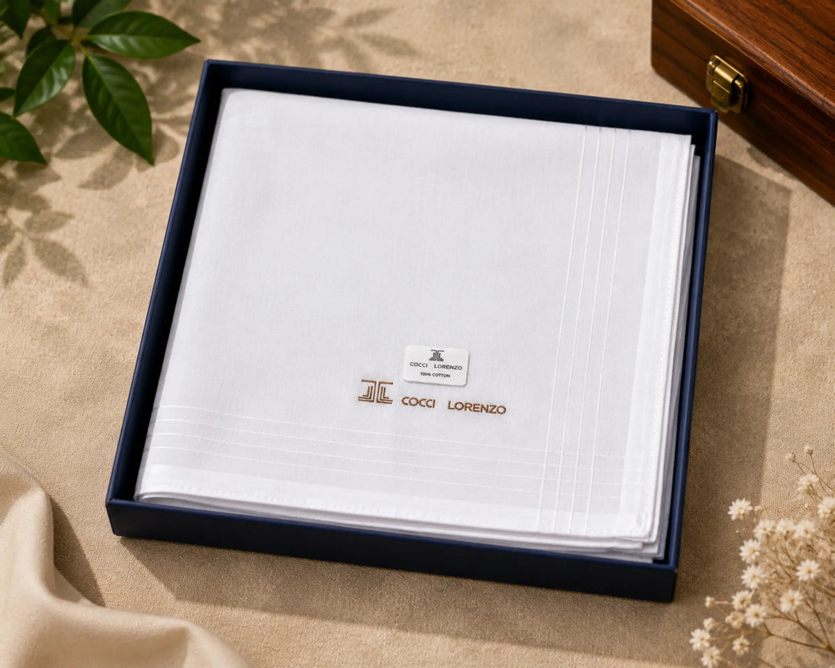 A folded white handkerchief with subtle grid lines and gold embroidered branding, presented inside a dark navy gift box on a beige fabric surface with decorative leaves and dried flowers.