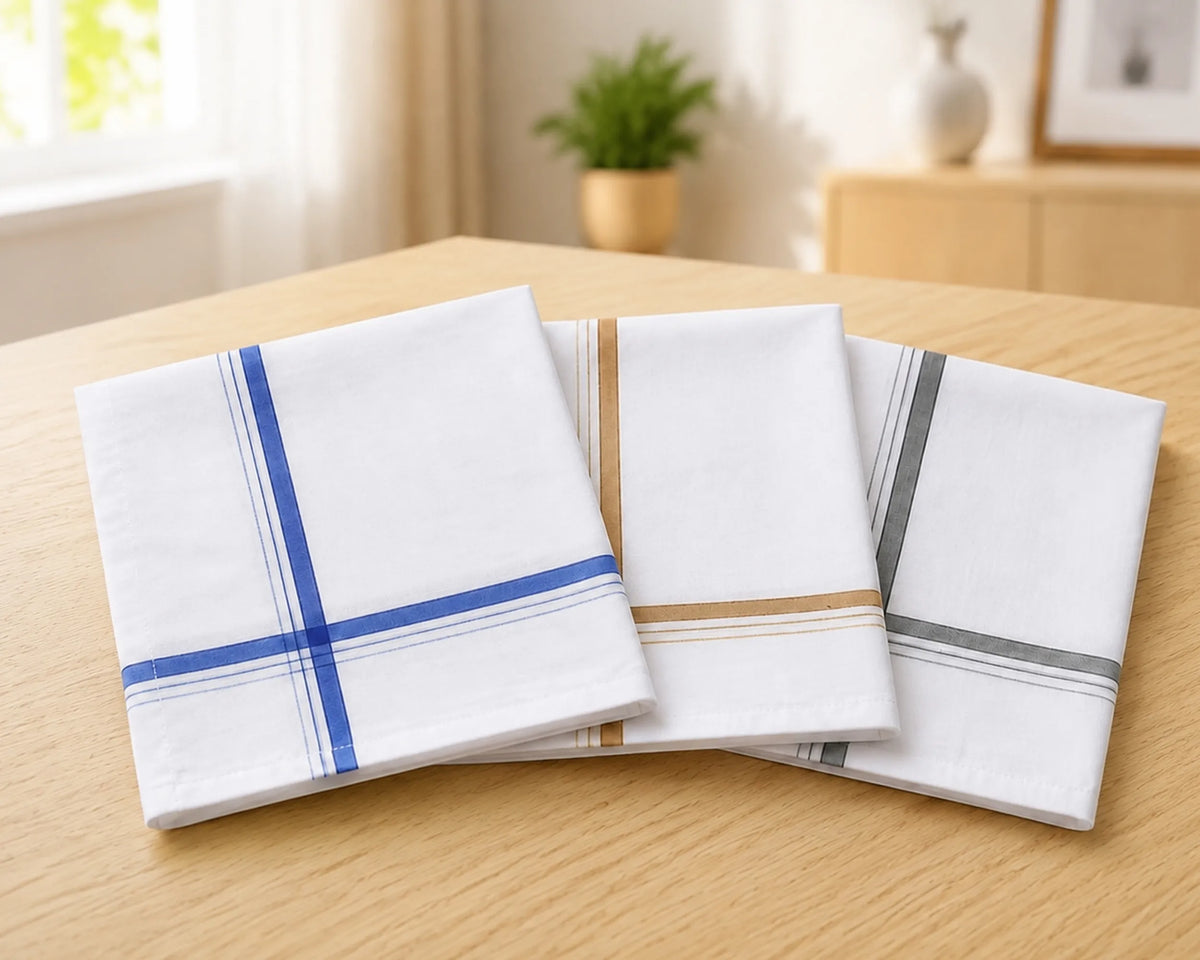 Premium White Cotton Handkerchiefs for Men – Classic Striped Border Pocket Hankies 2