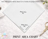 A white fabric sample card labeled 'Print Area #1' and 'Print Area #2' on a white lace background, with text reading 'PRINT AREA CHART' and a small 'Betsy's Teacher' logo in the corner.