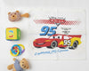 White kids cotton handkerchief featuring a vibrant red racing car print made in the usa