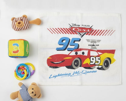 White kids cotton handkerchief featuring a vibrant red racing car print made in the usa