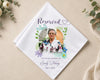 Reserved table hanky with photo and floral design on a beige background