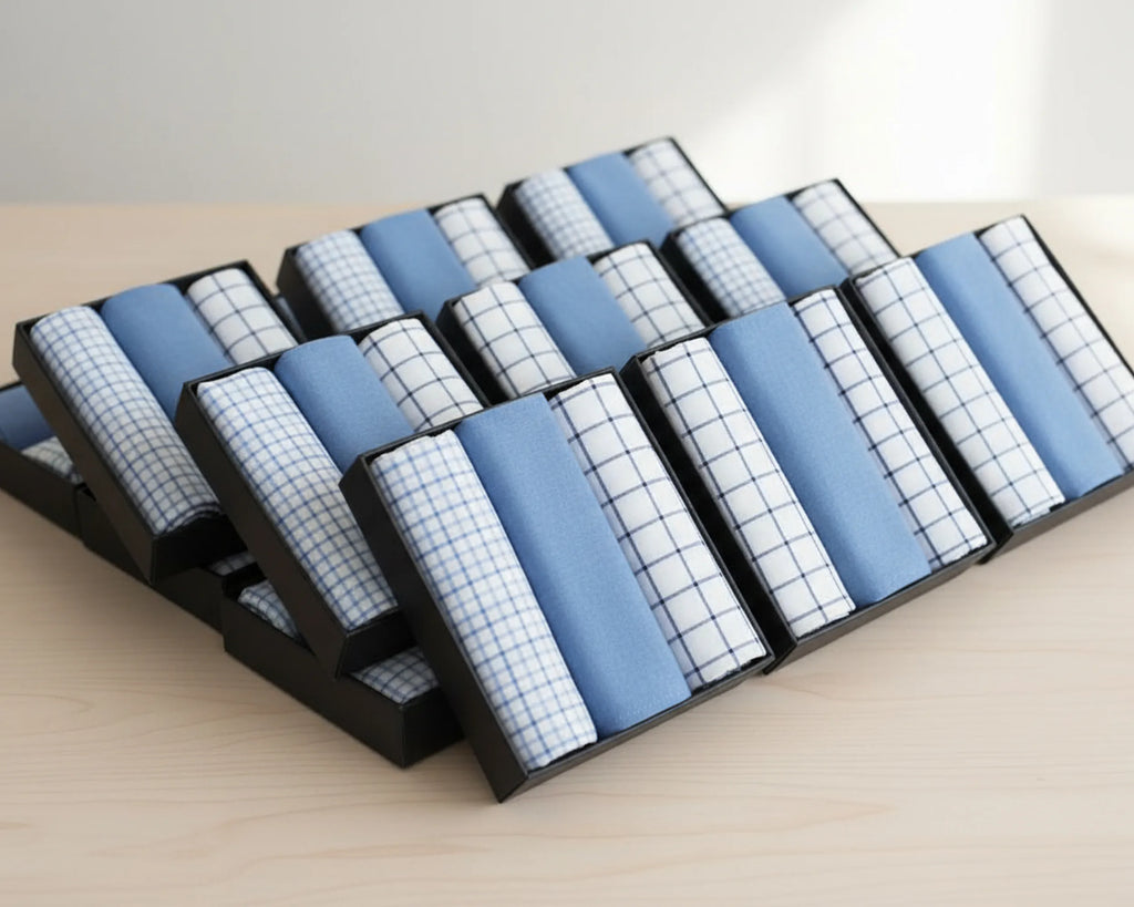 Set of blue and white checkered hanky on a wooden surface