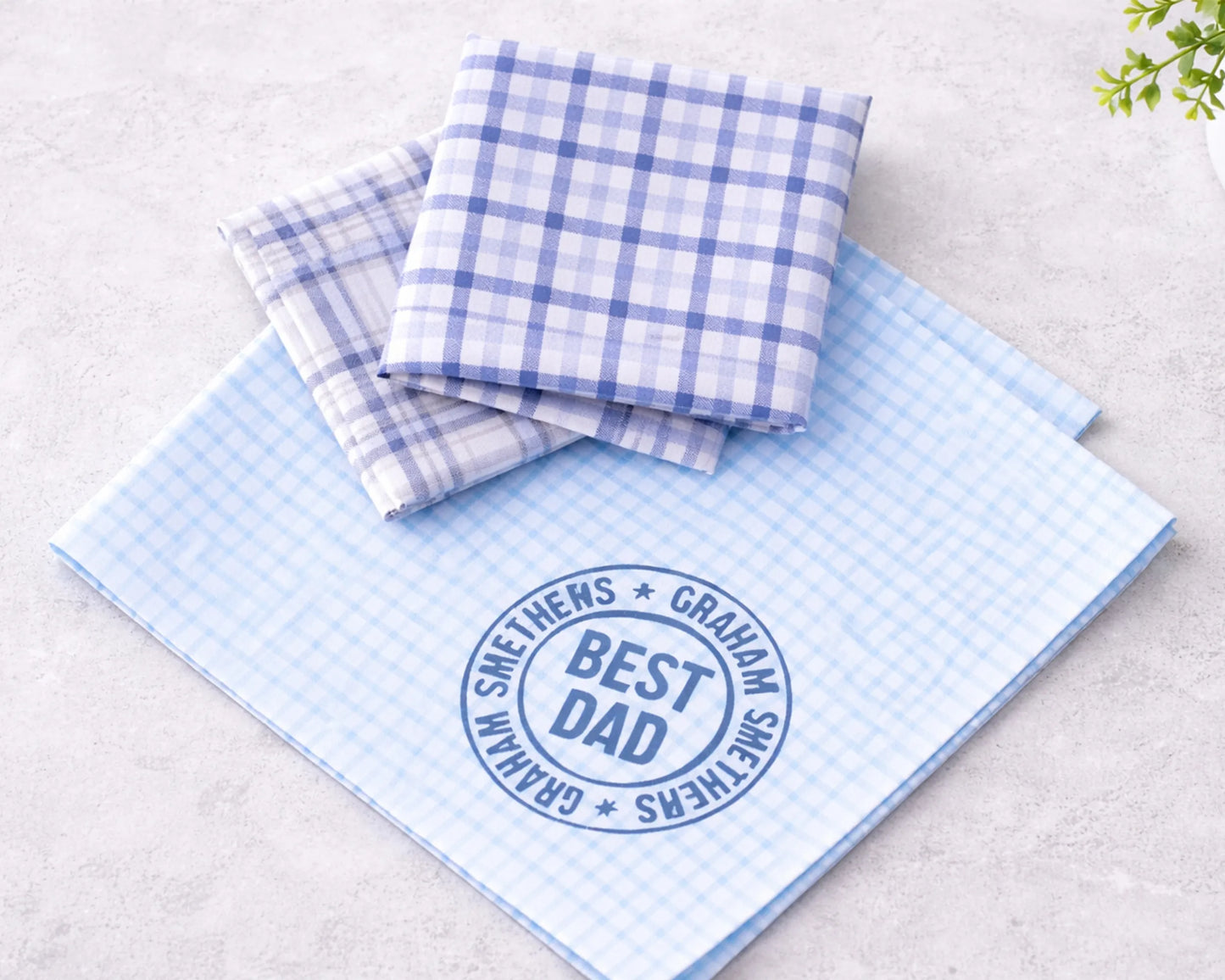 Set of blue and white checkered hanky with 'Best Dad' text on a light background