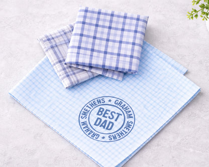 Set of blue and white checkered hanky with 'Best Dad' text on a light background