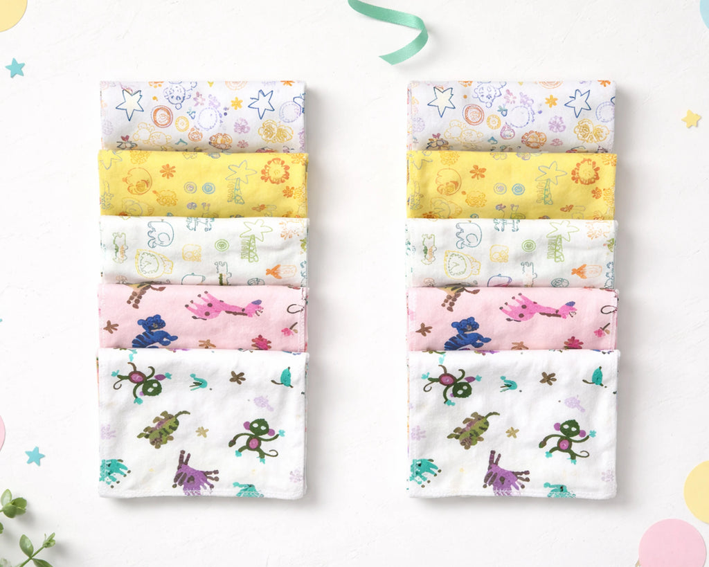 Set of colorful baby hanky with various patterns on a light background
