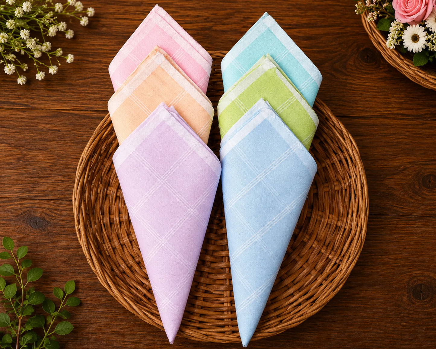 Set of colorful folded hanky on a woven basket with flowers in the background