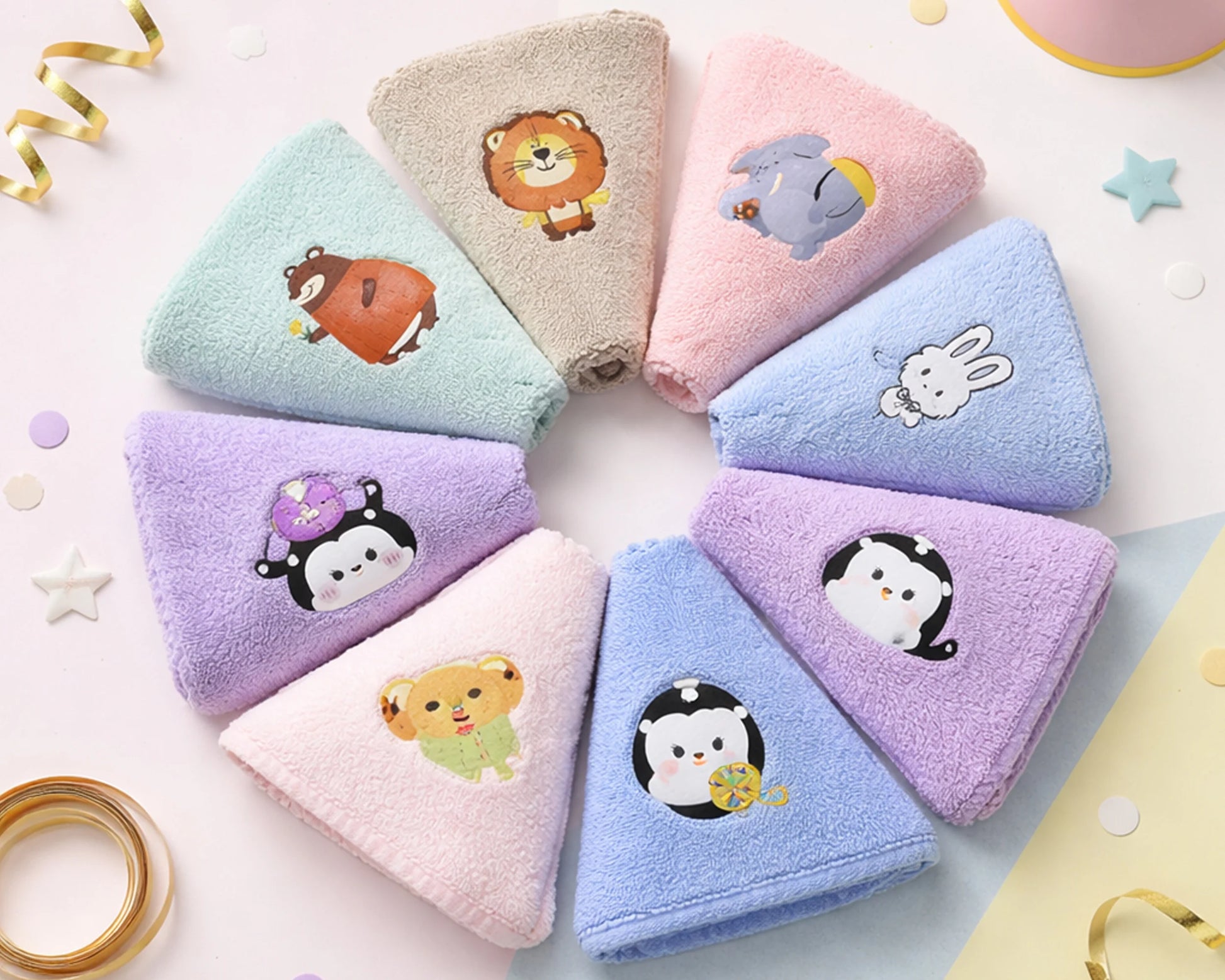 Set of colorful hanky with cartoon characters on a light background