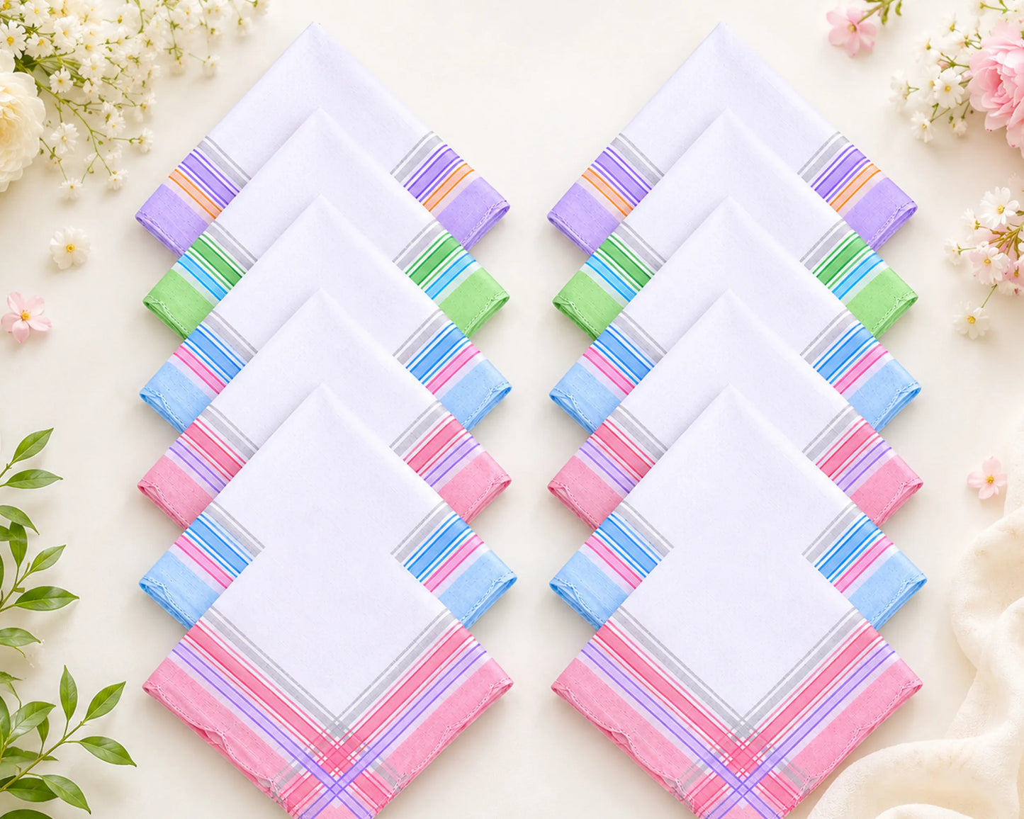 Set of colorful striped handkerchiefs on a light background with flowers and leaves.