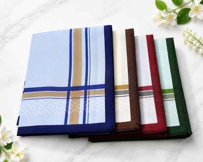 Set of colorful striped hankie on a marble surface with flowers.
