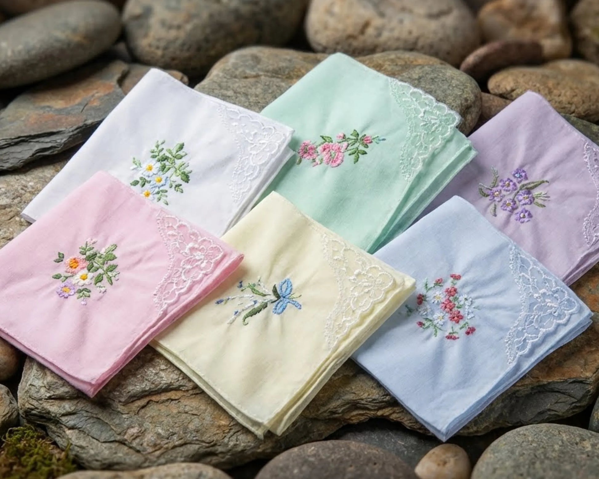 Set of embroidered handkerchiefs in various colors on a stone surface