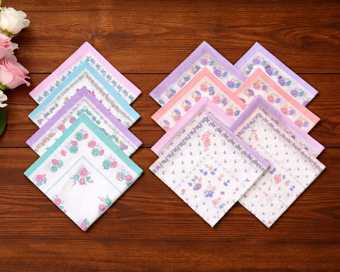 Set of floral-patterned hanky on a wooden surface