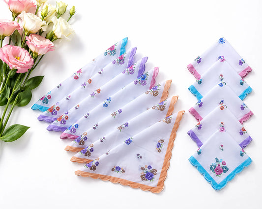 Set of floral handkerchiefs with a bouquet of flowers on a white background