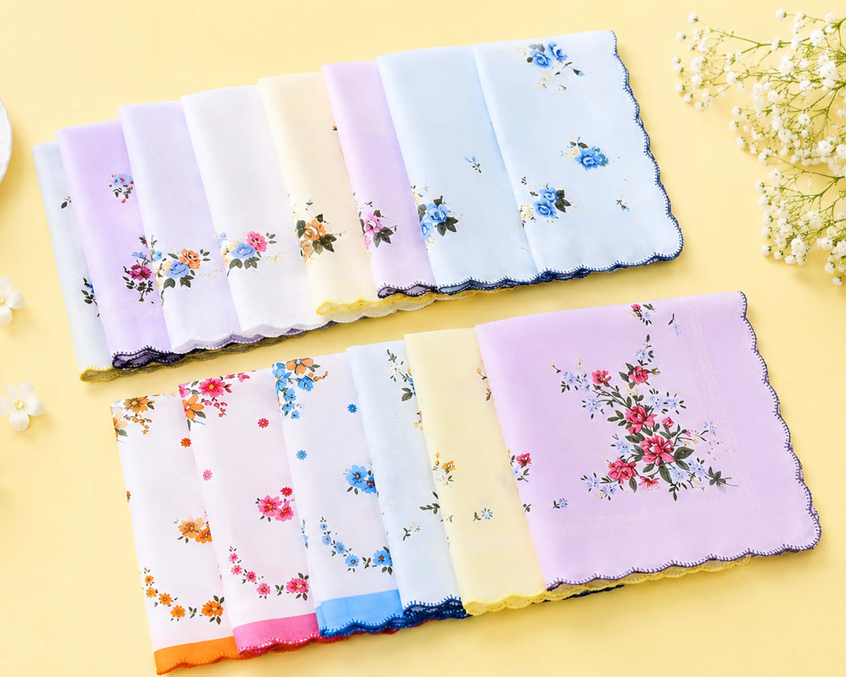 Set of floral handkerchiefs on a yellow background