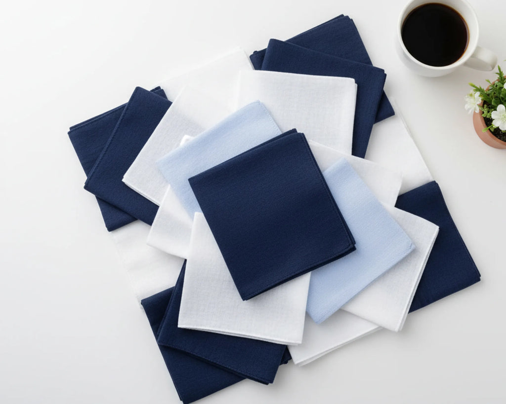 Set of folded blue, white, and gray hanky on a light surface with a coffee cup and plant.