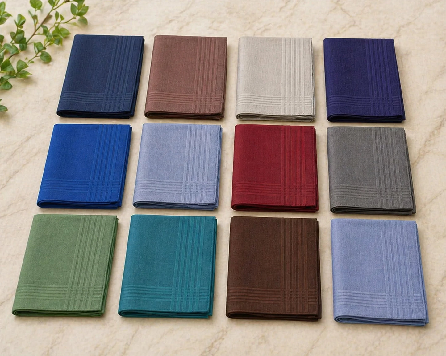 Set of folded handkerchiefs in various colors on a light stone surface.