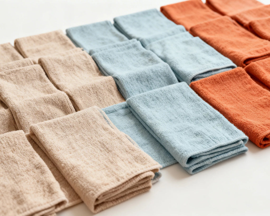 Set of folded hanky in beige, blue, and rust colors on a white background