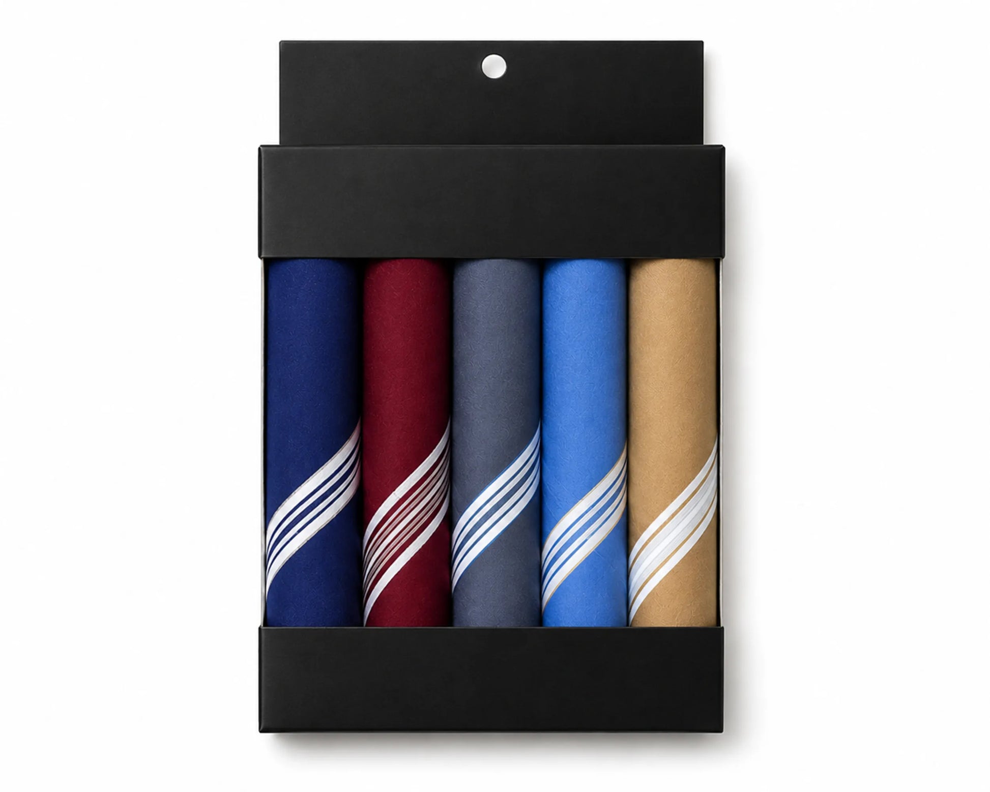 Set of folded hanky samples in various colors and patterns in a black packaging box.