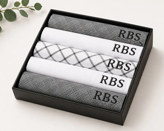 Set of folded hanky with 'RBS' branding in a black box on a light background