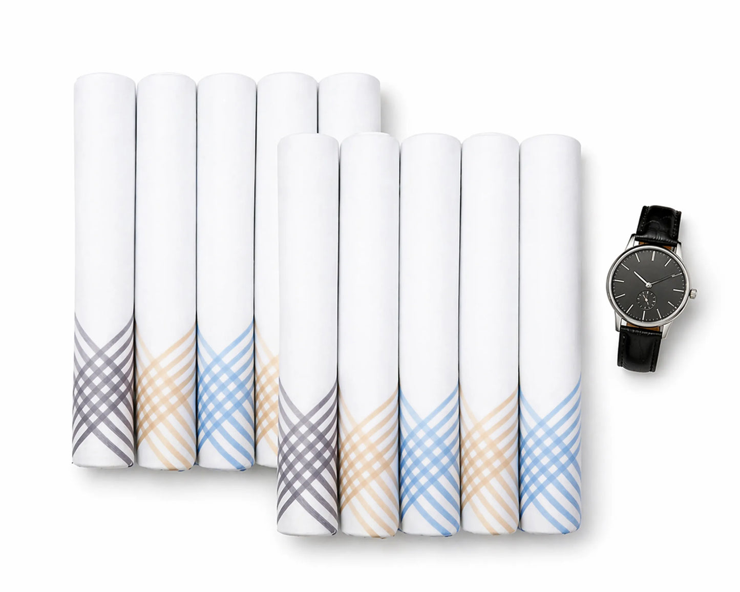 Set of folded patterned handkerchiefs with a watch on a white background